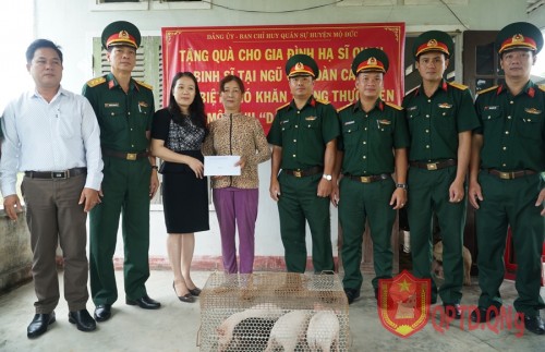 Ban CHQS huyện Mộ Đức đã tặng con heo giống cho gia đình chiến sỹ có hoàn cảnh khó khăn